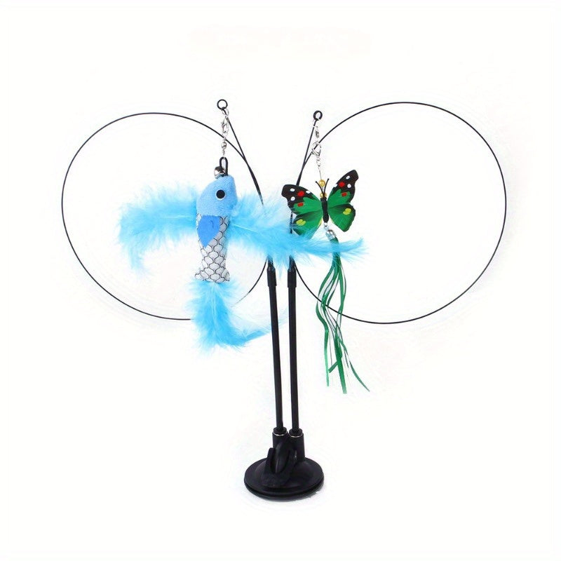2PC Interactive Cat Teaser Wand with Strong Suction Cup Base-Cat Feather Toys, InteractiveCat Toys Include 2PCS Cat Wand Toys, Cat Toys for Indoor Cats Kitten, Pet Gift