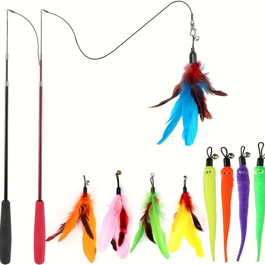 Interactive Cat Wand Toy Set - Telescopic Feather, String & Worm Toys With 9 Refill Attachments - Indoor Play For Cats, Stimulates Natural Hunting Instincts, Durable & Safe For Cats, Great For Exercise & Bonding, Without Battery