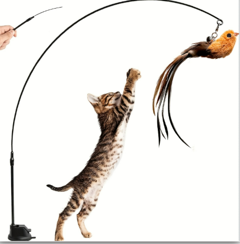Purrfect Playtime, Interactive Cat Teaser Wand with Suction Cup Base - Flexible Feather Toy for All Breeds, No Batteries Required