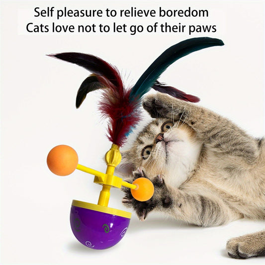 Interactive Cat Toy Rotating Tumbler Plaything Joystick Ball Soothing Feather Teasing Pet Toy, Without Battery