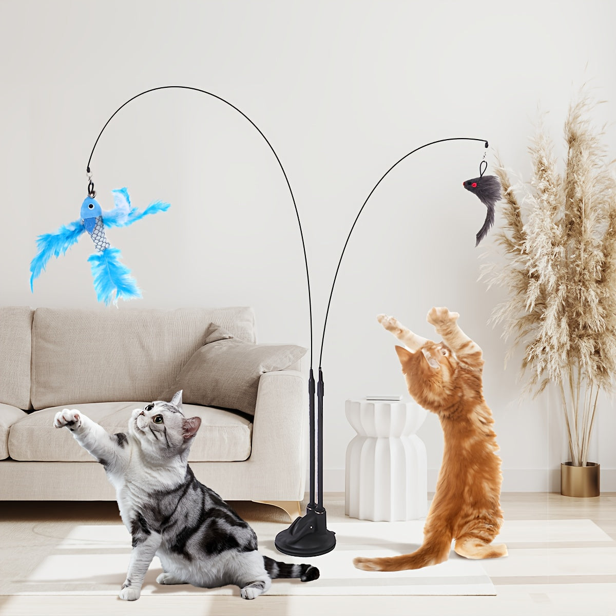 2PC Interactive Cat Teaser Wand with Strong Suction Cup Base-Cat Feather Toys, InteractiveCat Toys Include 2PCS Cat Wand Toys, Cat Toys for Indoor Cats Kitten, Pet Gift