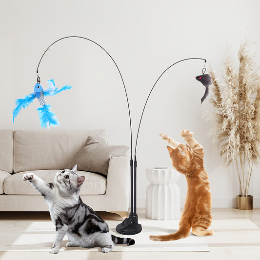 2PC Interactive Cat Teaser Wand with Strong Suction Cup Base-Cat Feather Toys, InteractiveCat Toys Include 2PCS Cat Wand Toys, Cat Toys for Indoor Cats Kitten, Pet Gift