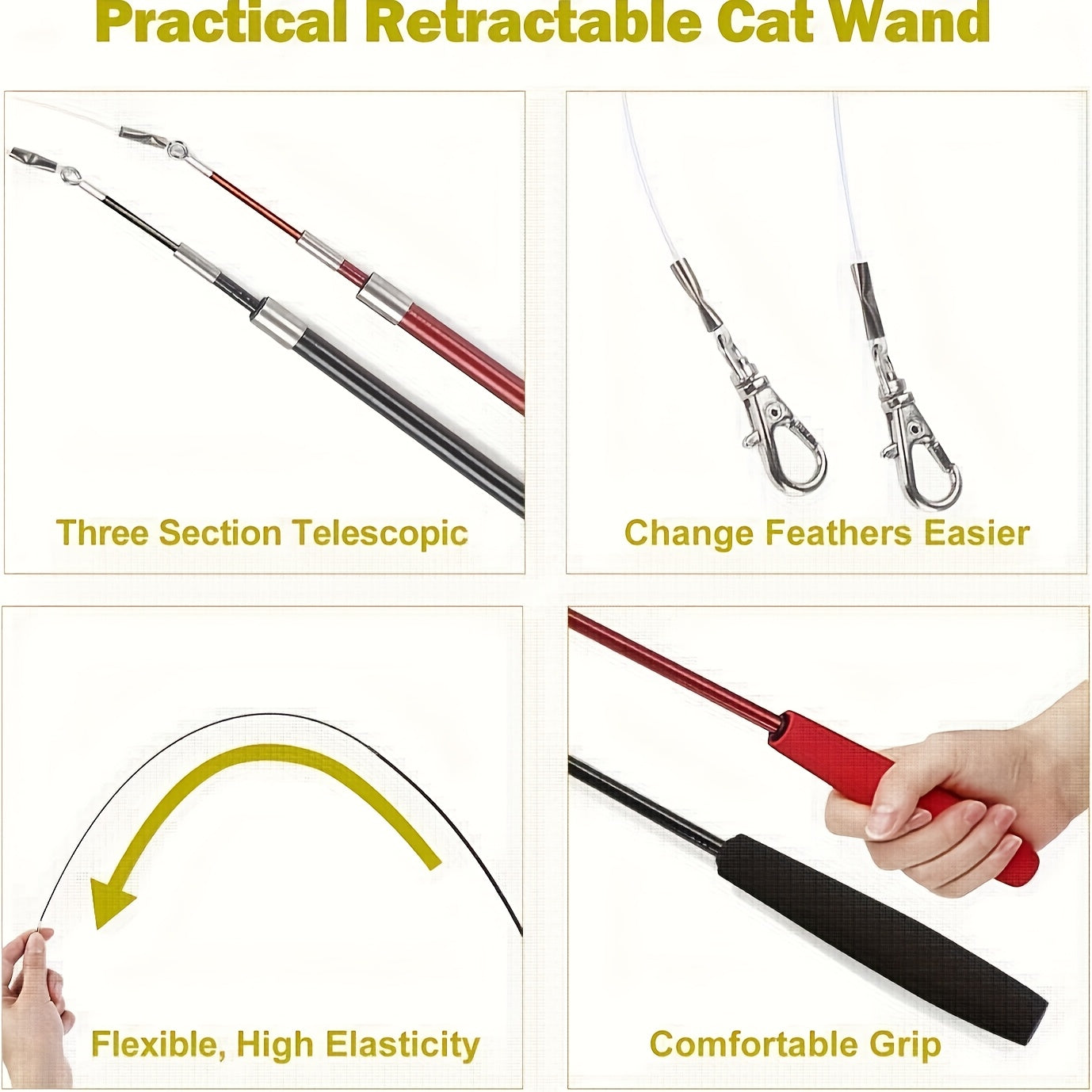 Interactive Cat Wand Toy Set - Telescopic Feather, String & Worm Toys With 9 Refill Attachments - Indoor Play For Cats, Stimulates Natural Hunting Instincts, Durable & Safe For Cats, Great For Exercise & Bonding, Without Battery