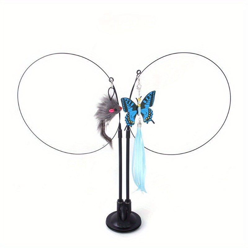2PC Interactive Cat Teaser Wand with Strong Suction Cup Base-Cat Feather Toys, InteractiveCat Toys Include 2PCS Cat Wand Toys, Cat Toys for Indoor Cats Kitten, Pet Gift