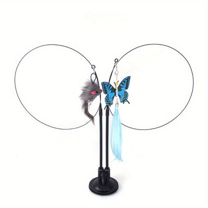 2PC Interactive Cat Teaser Wand with Strong Suction Cup Base-Cat Feather Toys, InteractiveCat Toys Include 2PCS Cat Wand Toys, Cat Toys for Indoor Cats Kitten, Pet Gift