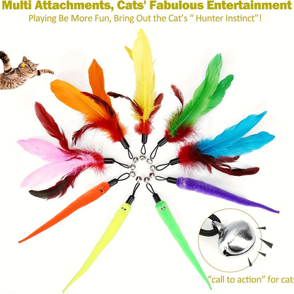 Interactive Cat Wand Toy Set - Telescopic Feather, String & Worm Toys With 9 Refill Attachments - Indoor Play For Cats, Stimulates Natural Hunting Instincts, Durable & Safe For Cats, Great For Exercise & Bonding, Without Battery